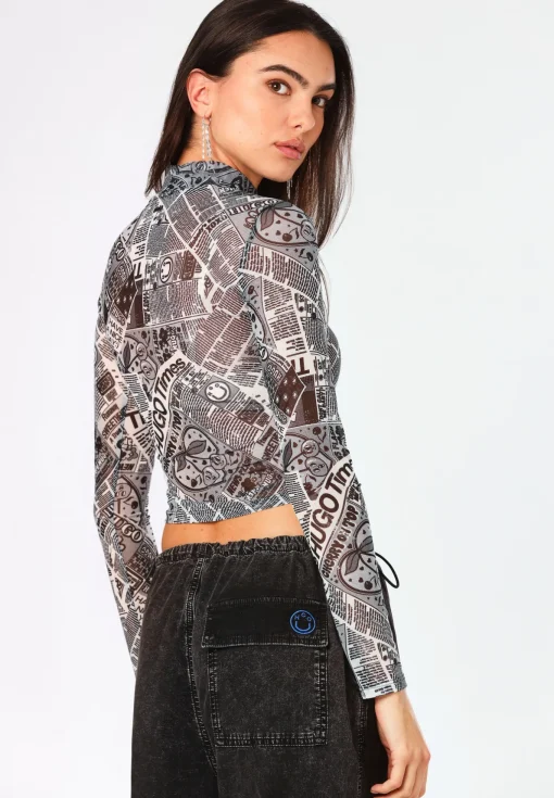 Damen Hugo Blue Bedrucktes Cropped-Longsleeve aus Stretch-Mesh