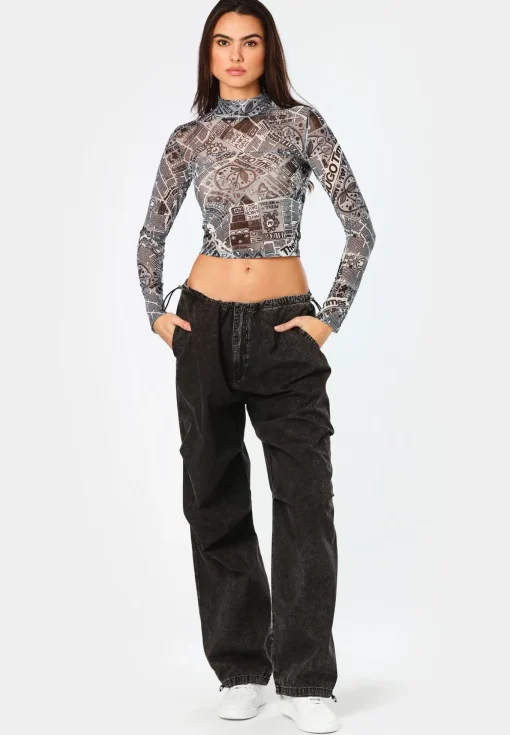 Damen Hugo Blue Bedrucktes Cropped-Longsleeve aus Stretch-Mesh