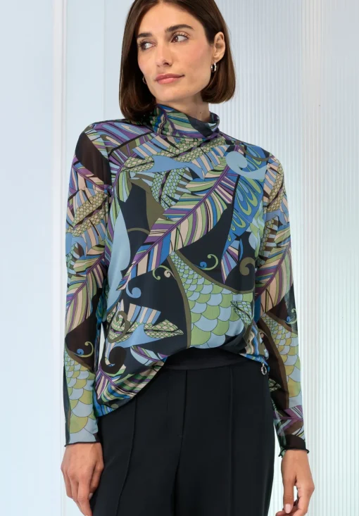 Damen Bianca Cooles Print-Shirt mit Rollkragen in Mesh-Ware