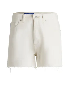 Damen Hugo Blue Ecrufarbene Denim-Shorts mit unversäuberten Säumen