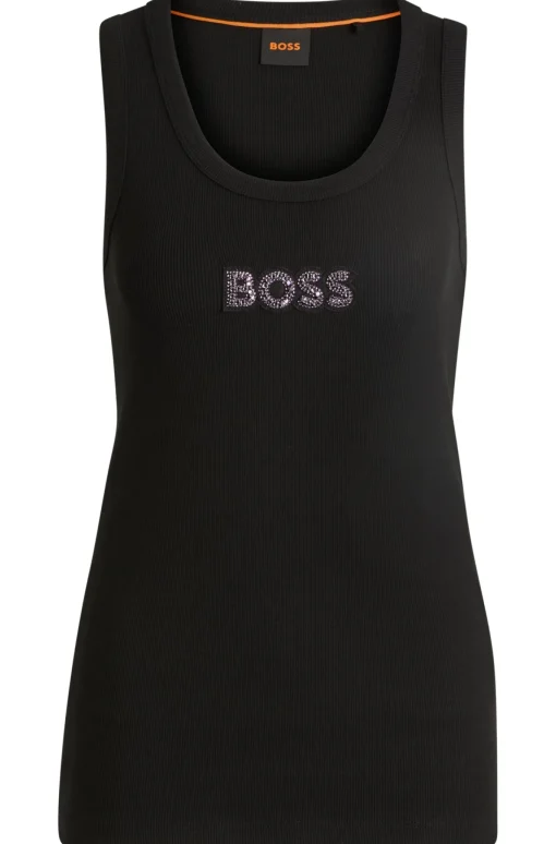Damen Boss Orange Geripptes Tanktop aus Stretch-Baumwolle mit kristallbesetztem Logo-Aufnäher
