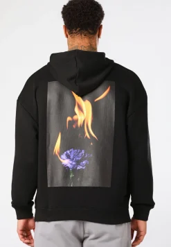 Herren Hugo Red Hoodie aus Baumwoll-Mix mit floralem Flammen-Artwork