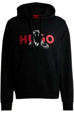 Herren Hugo Red Hoodie aus Baumwoll-Terry mit Grafik-Prints von Tieren