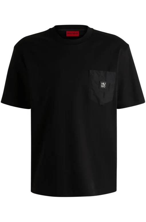 Herren Hugo Red Interlock-Baumwoll-T-Shirt mit kontrastierender Tasche