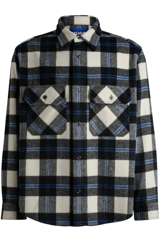 Herren Hugo Blue Kariertes Oversize-Fit Hemd aus gebürstetem Gewebe