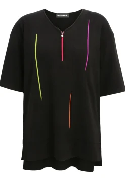 Damen Doris Streich Long-Shirt mit farbigen dekorativen Reißverschlüssen und Halbarm