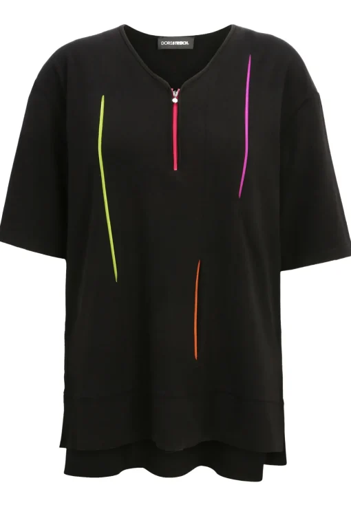 Damen Doris Streich Long-Shirt mit farbigen dekorativen Reißverschlüssen und Halbarm