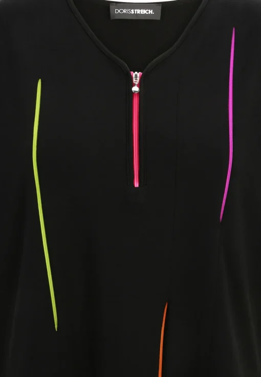 Damen Doris Streich Long-Shirt mit farbigen dekorativen Reißverschlüssen und Halbarm