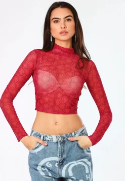 Damen Hugo Blue Longsleeve aus Mesh mit saisonalem Print
