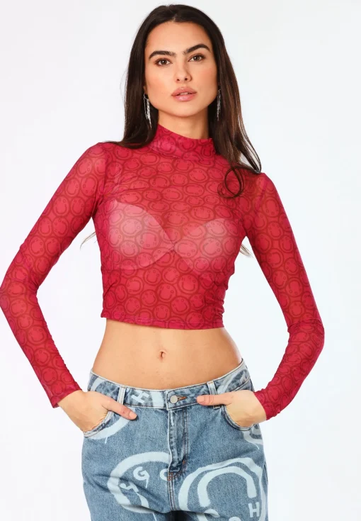 Damen Hugo Blue Longsleeve aus Mesh mit saisonalem Print