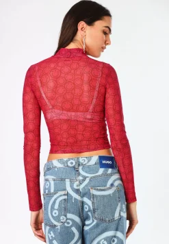Damen Hugo Blue Longsleeve aus Mesh mit saisonalem Print