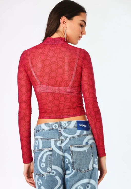 Damen Hugo Blue Longsleeve aus Mesh mit saisonalem Print