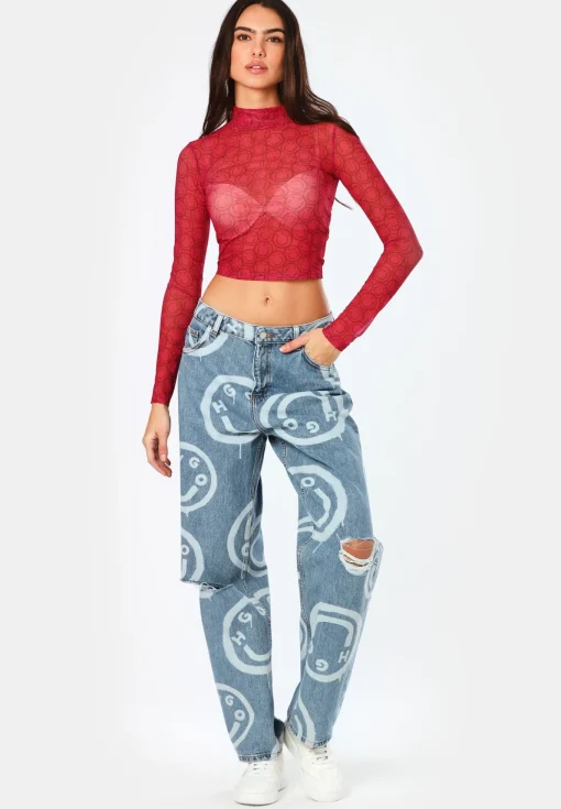 Damen Hugo Blue Longsleeve aus Mesh mit saisonalem Print