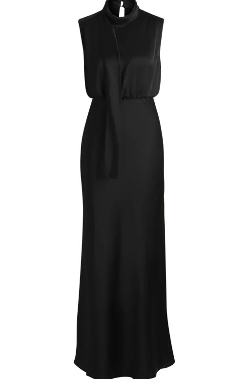 Damen Hugo Red Maxikleid aus Satin mit Bindekragen