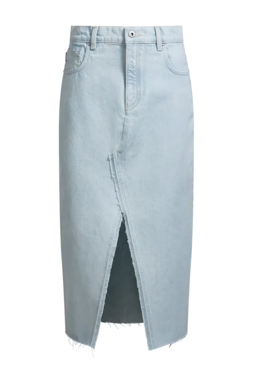 Damen Hugo Blue Midirock aus blauem Denim mit ausgefranstem Saum
