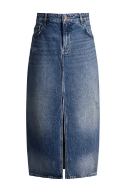Damen Hugo Blue Midirock aus Denim mit Schlitz vorn