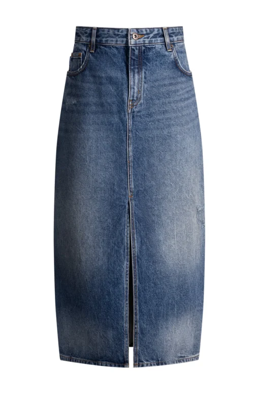 Damen Hugo Blue Midirock aus Denim mit Schlitz vorn