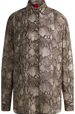 Damen Hugo Red Oversized Bluse aus Crêpe de Chine mit Python-Print