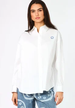 Damen Hugo Blue Oversized Bluse mit Logos im Graffiti-Stil