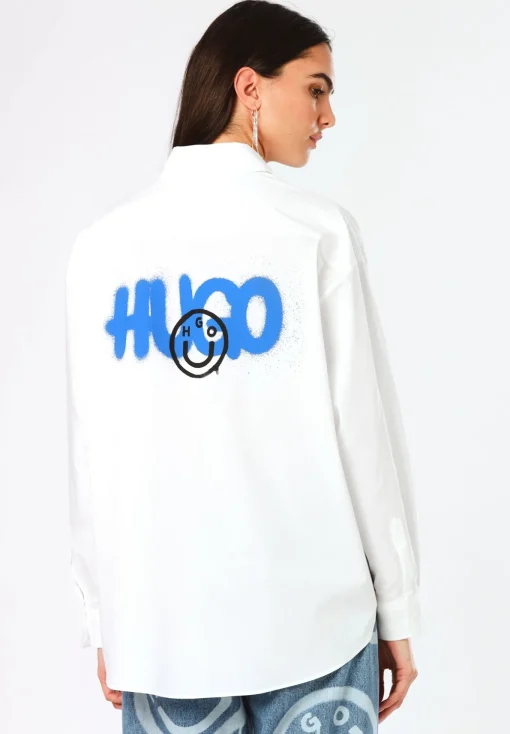 Damen Hugo Blue Oversized Bluse mit Logos im Graffiti-Stil