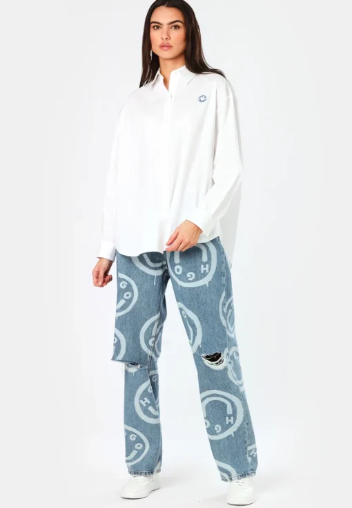 Damen Hugo Blue Oversized Bluse mit Logos im Graffiti-Stil