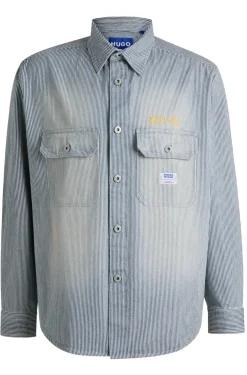 Herren Hugo Blue Oversized Hemd aus Denim in Washed-Optik mit Streifen-Muster