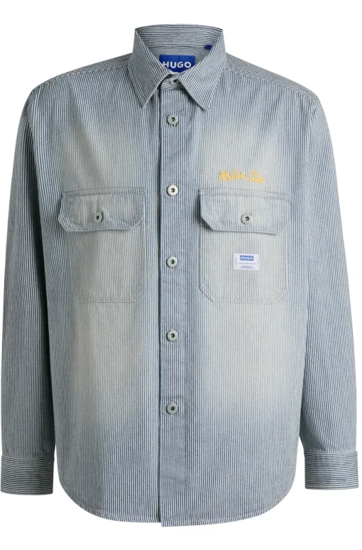 Herren Hugo Blue Oversized Hemd aus Denim in Washed-Optik mit Streifen-Muster