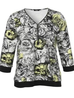 Damen Frapp Print-Sweatshirt mit Zier-Zipper am V-Ausschnitt