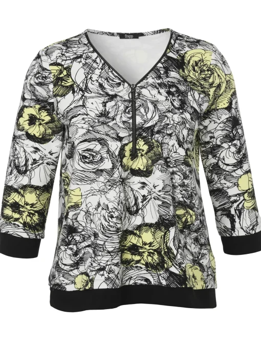 Damen Frapp Print-Sweatshirt mit Zier-Zipper am V-Ausschnitt