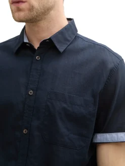Herren Tom Tailor Regular Fit Kurzarmhemd mit Leinenanteil