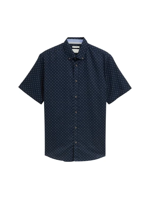 Herren Tom Tailor Regular Fit Kurzarmhemd mit Leinenanteil im Pünktchen-Muster