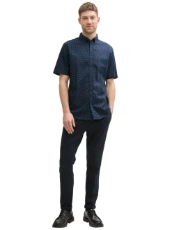 Herren Tom Tailor Regular Fit Kurzarmhemd mit Leinenanteil im Pünktchen-Muster