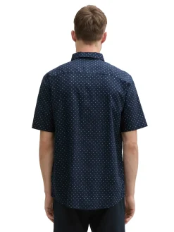 Herren Tom Tailor Regular Fit Kurzarmhemd mit Leinenanteil im Pünktchen-Muster