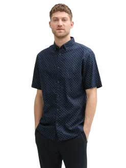 Herren Tom Tailor Regular Fit Kurzarmhemd mit Leinenanteil im Pünktchen-Muster