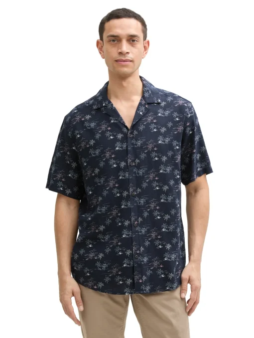 Herren Tom Tailor Regular Fit Kurzarmhemd mit Leinenanteil