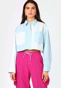 Damen Hugo Blue Regular-Fit Bluse in Cropped-Länge mit Streifen-Patches