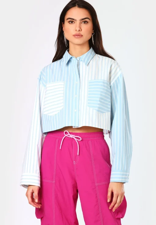 Damen Hugo Blue Regular-Fit Bluse in Cropped-Länge mit Streifen-Patches