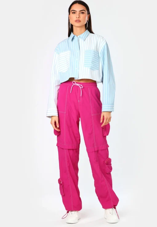Damen Hugo Blue Regular-Fit Bluse in Cropped-Länge mit Streifen-Patches