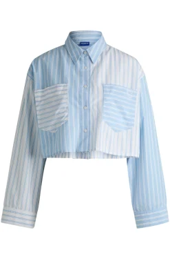 Damen Hugo Blue Regular-Fit Bluse in Cropped-Länge mit Streifen-Patches
