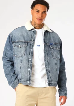 Herren Hugo Blue Regular-Fit Jeansjacke mit Innenfutter aus Kunstfell