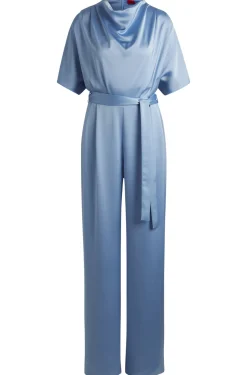 Damen Hugo Red Regular-Fit Jumpsuit aus fließendem Satin mit Wasserfall-Kragen