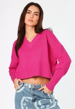 Damen Hugo Blue Relaxed-Fit Cropped-Pullover mit Smiley-Logo