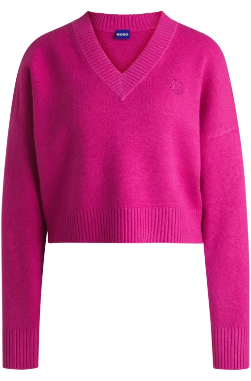 Damen Hugo Blue Relaxed-Fit Cropped-Pullover mit Smiley-Logo