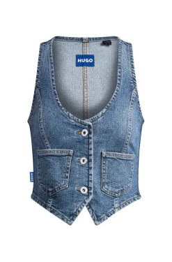 Damen Hugo Blue Ärmelloses Top aus Denim mit Knöpfen auf der Vorderseite