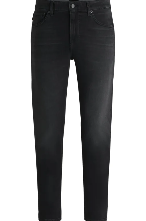 Herren Boss Orange Schwarze Tapered-Fit Jeans aus bequemem Stretch-Denim