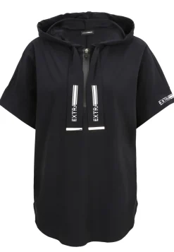 Damen Doris Streich Shirt aus elastischer Wirkware mit Hoody, Reißverschluss, dekorativen Motivprints und kurzem Arm