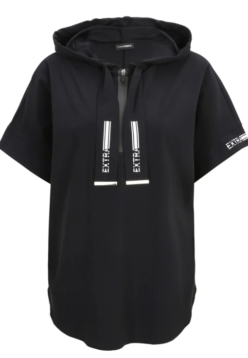 Damen Doris Streich Shirt aus elastischer Wirkware mit Hoody, Reißverschluss, dekorativen Motivprints und kurzem Arm