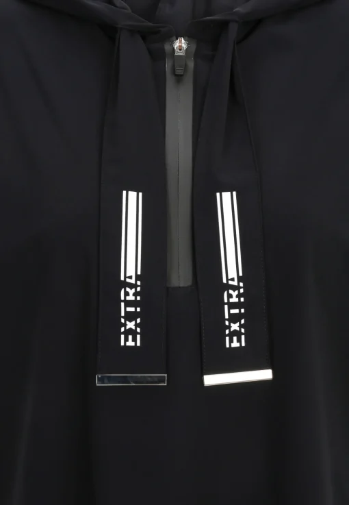 Damen Doris Streich Shirt aus elastischer Wirkware mit Hoody, Reißverschluss, dekorativen Motivprints und kurzem Arm