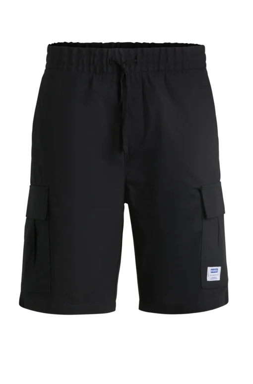 Herren Hugo Blue Shorts aus strukturierter Baumwolle mit Tunnelzug und Logo-Aufnäher