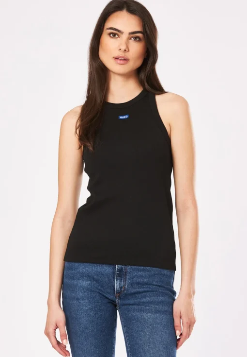 Damen Hugo Blue Slim-Fit Top aus Stretch-Baumwolle mit blauem Logo-Aufnäher